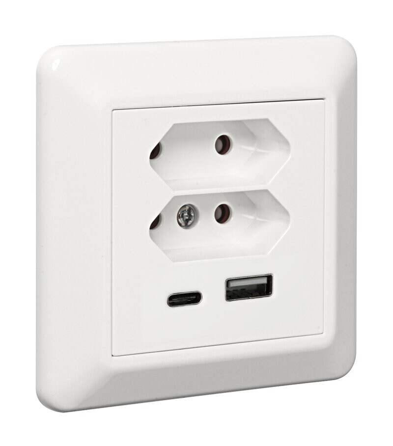 Product Image for Vägguttag, 2-vägs Eurouttag + USB A + C, infällt