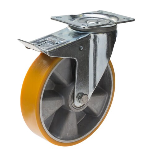 Industrihjul 160 mm med platta 135x110 mm, aluminiumnav, PUR-bana, totalbroms