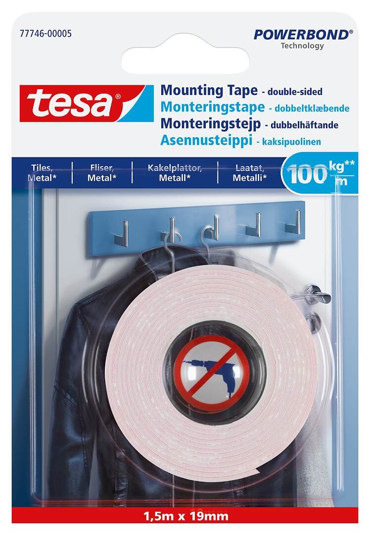 Monteringstejp för kakel & metall, 100 kg, 19 mm, 1,5 m