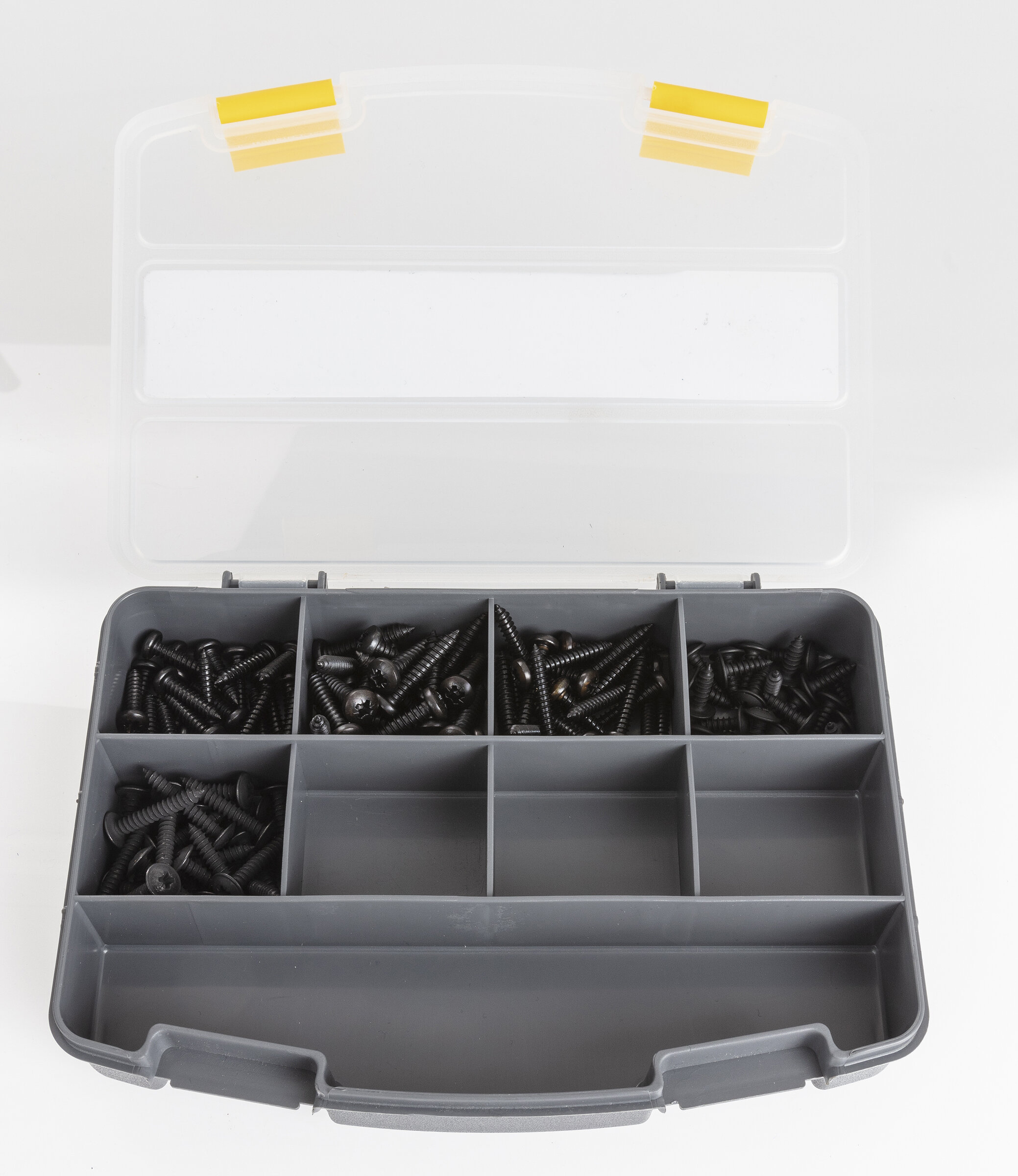 Plåtskruvssats i sortimentslåda, svart, 125 st